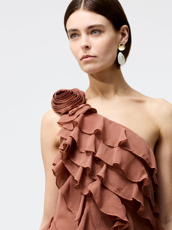 Fcuk Oskar Georgette Ruffle Midi Dress Mocha