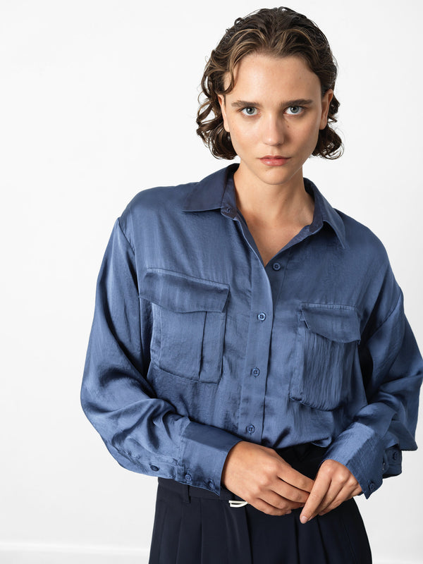 Fcuk Paloma Satin Long Sleeve Shirt Slate Blue