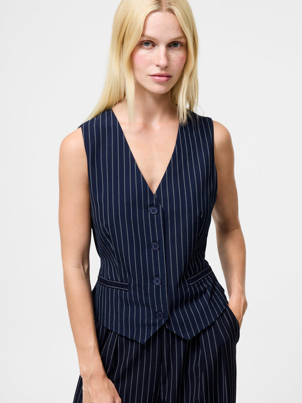 Fcuk Pinstripe Tailored Waistcoat Navy W.White