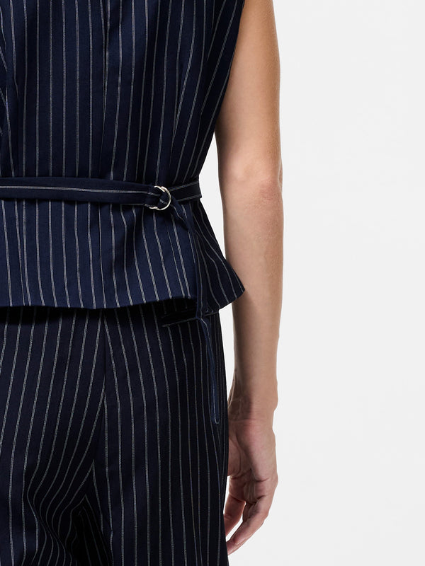 Fcuk Pinstripe Tailored Waistcoat Navy W.White