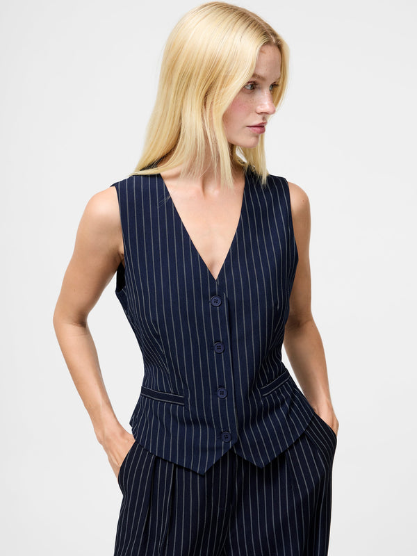 Fcuk Pinstripe Tailored Waistcoat Navy W.White