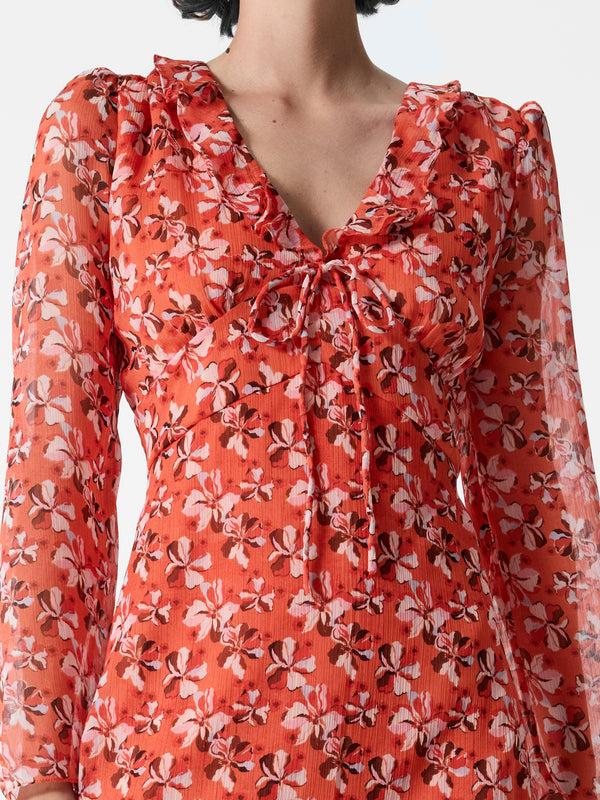 Fcuk Rebecca Emina V Neck Dress Flame Orange Multi