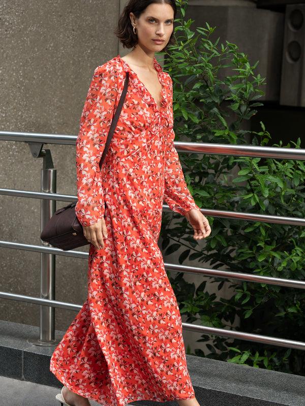 fcuk Rebecca Emina V Neck Dress Flame Orange Multi