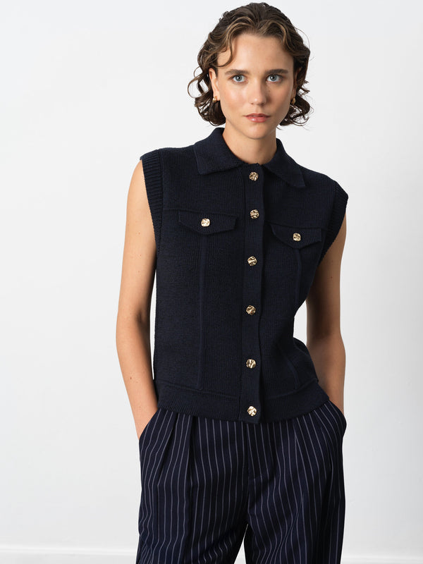 fcuk Roland Knit Collared Gilet Indigo