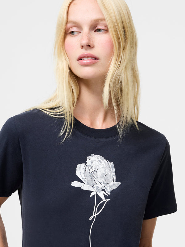 Fcuk Rose Print Graphic T-Shirt Navy White