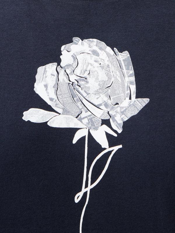 Fcuk Rose Print Graphic T-Shirt Navy White