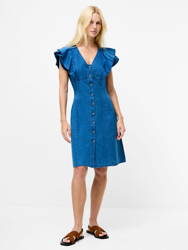 Fcuk Ruffle Denim Chambray Dress Mid Wash