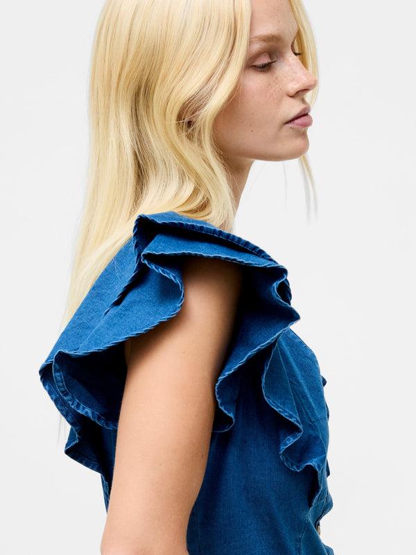 Fcuk Ruffle Denim Chambray Dress Mid Wash