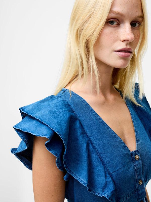 Fcuk Ruffle Denim Chambray Dress Mid Wash