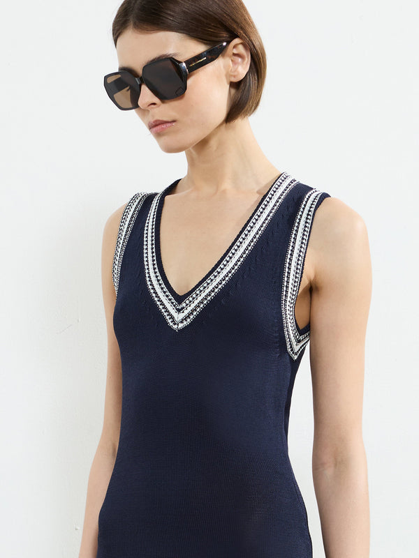 Fcuk Sage Knitted Trim Dress Navy/Summer White