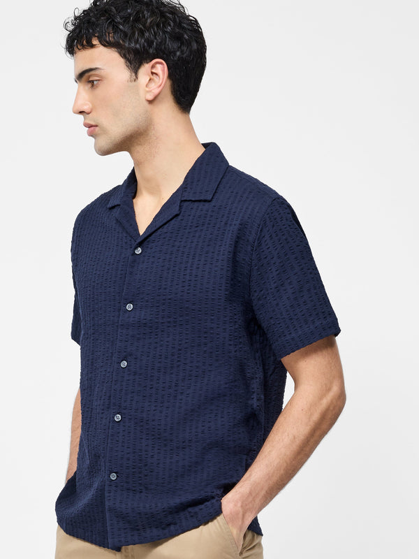 Fcuk Seersucker Short Sleeve Shirt Navy