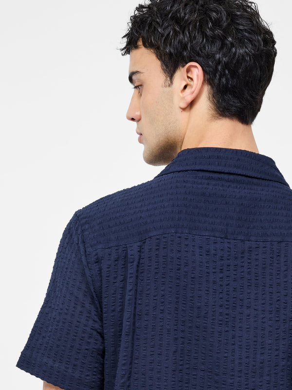 Fcuk Seersucker Short Sleeve Shirt Navy