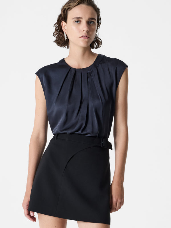 Fcuk Sera Eco Satin Pleated Sleeveless Blouse Navy