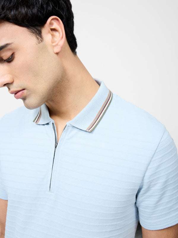 Fcuk Tipped Collar Zip Polo Shirt Sky