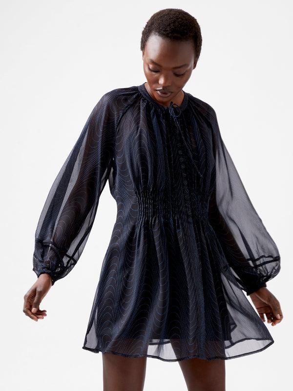 fcuk Grace Artemis Long Sleeve Ruffle Mini Dress Blackout/Chrome Blue