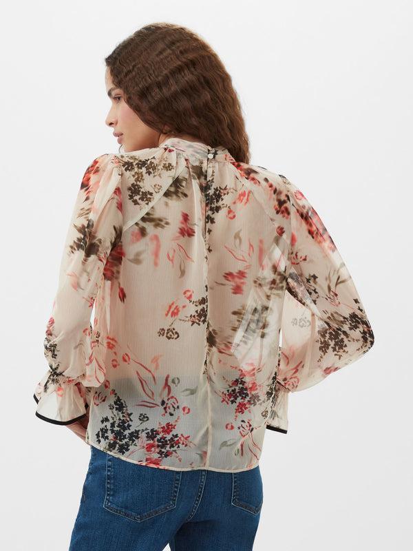 Fcuk Hallie Crinkle Contrast Floral Top Cream/Scarlet Red Multi