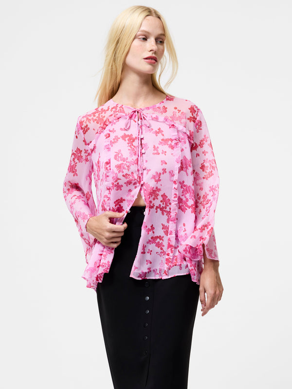 Fcuk Isla Hallie Crinkle Tie Neck Top Violet Pink Multi