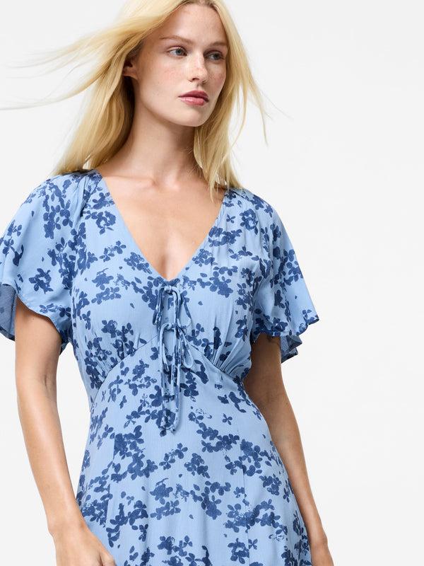 Fcuk Isla Lizzie Eco Crepe V-Neck Midi Dress Blue Multi