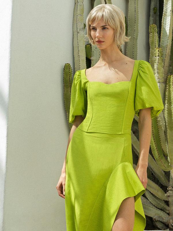 fcuk Islay Linen Puff Sleeve Cropped Top Cactus Green