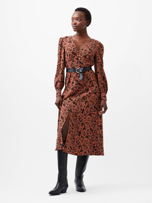 Fcuk Jeanie Brina Crepe Midi Dress Russet Brown Multi