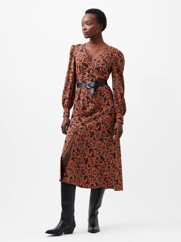 Fcuk Jeanie Brina Crepe Midi Dress Russet Brown Multi
