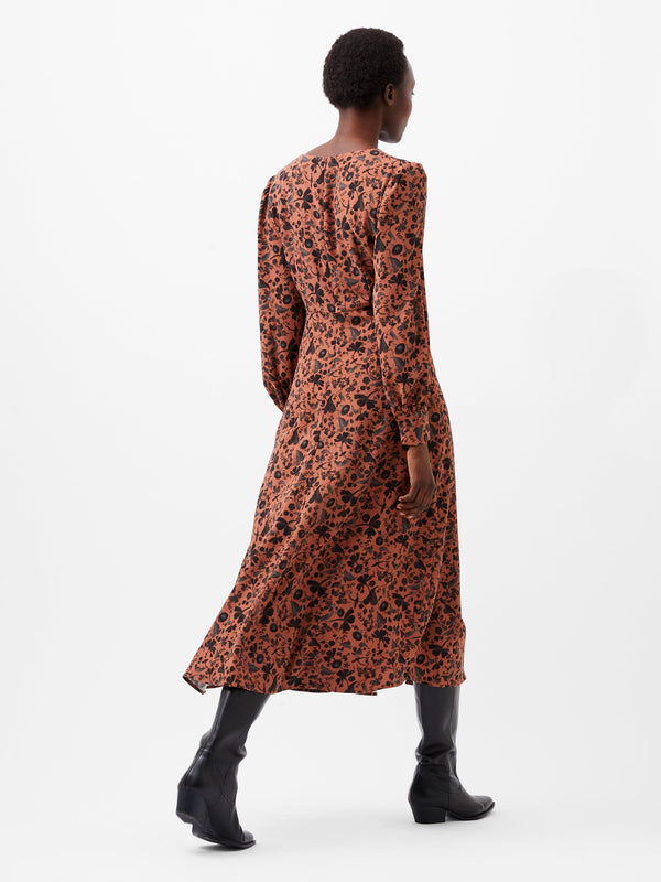 Fcuk Jeanie Brina Crepe Midi Dress Russet Brown Multi