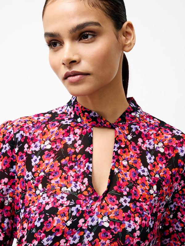 Fcuk Jennifer Long Sleeve Keyhole Blouse Black Multi