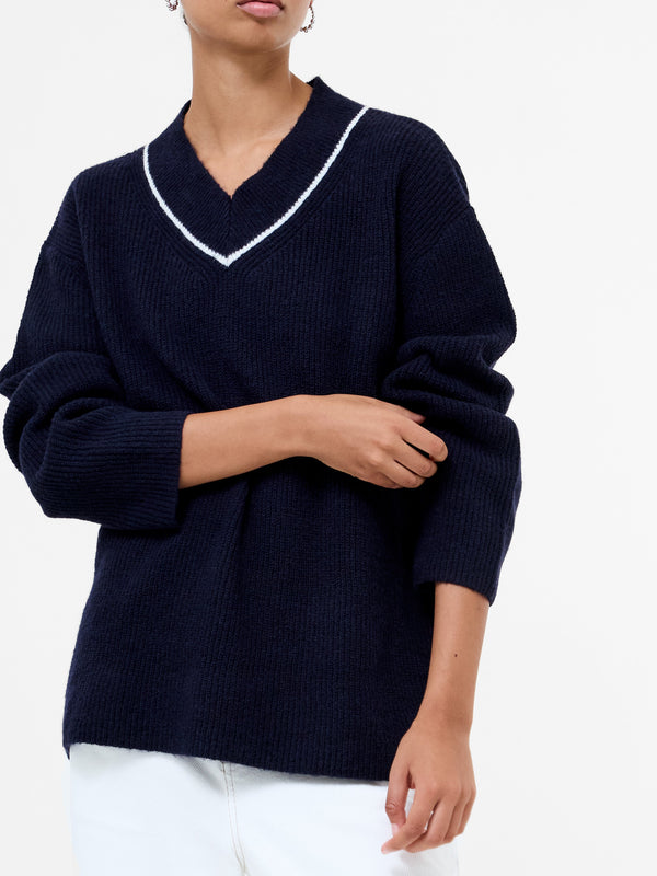 Fcuk Kezia Recycled Vertical V Neck Jumper Navy/W.White