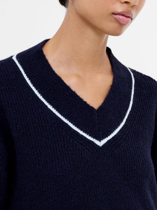 Fcuk Kezia Recycled Vertical V Neck Jumper Navy/W.White