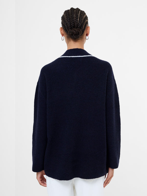 Fcuk Kezia Recycled Vertical V Neck Jumper Navy/W.White