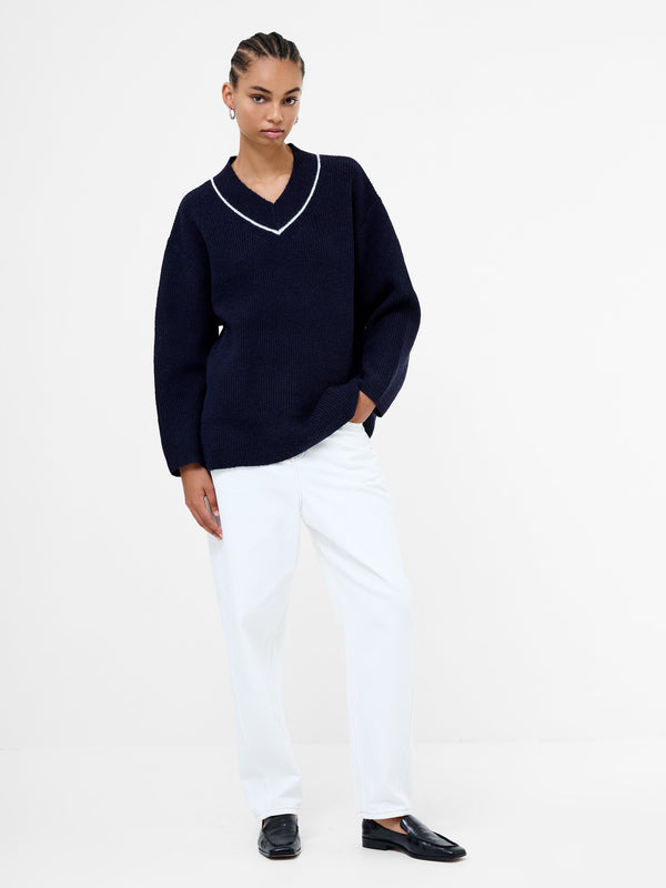 fcuk Kezia Recycled Vertical V Neck Jumper Navy/W.White