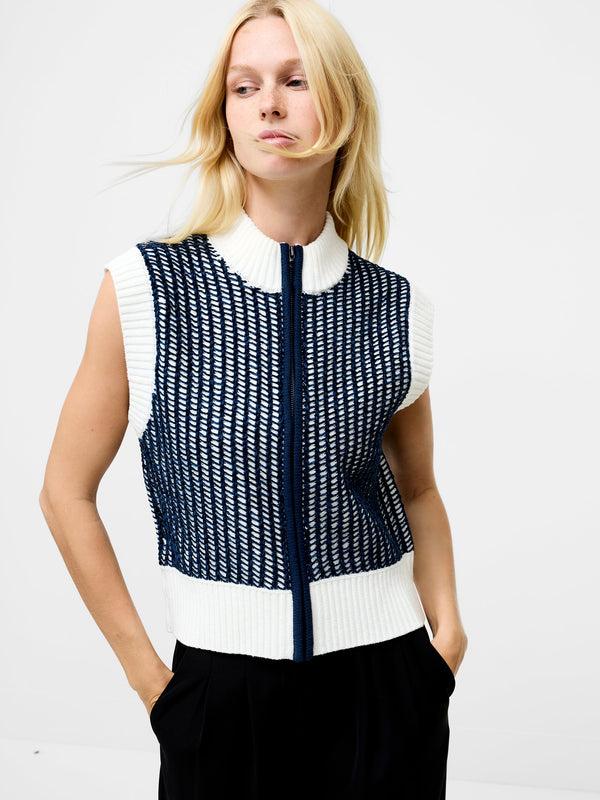 Fcuk Klara Sleeveless Zip Up Knit Jumper Navy Winter White