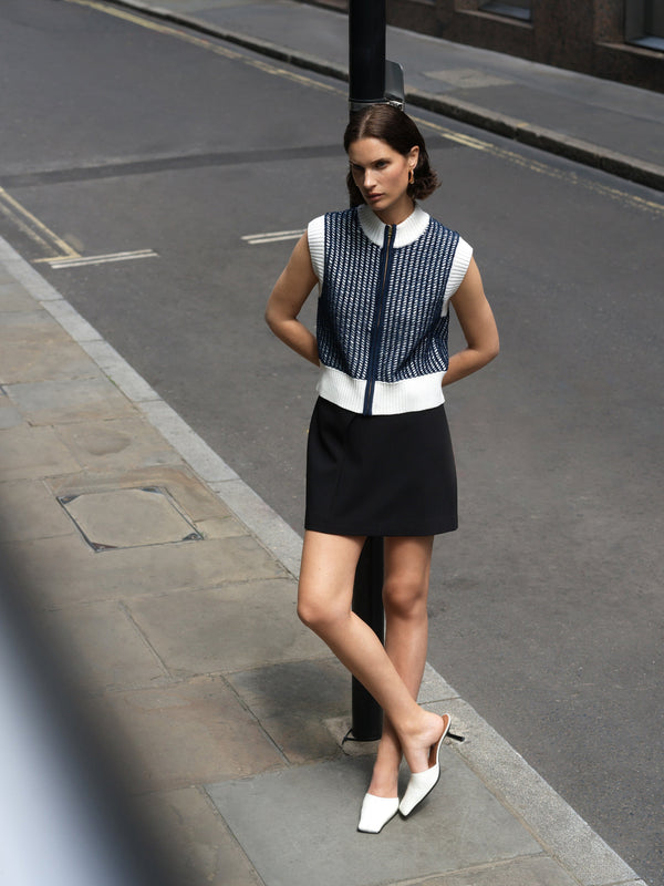 fcuk Klara Sleeveless Zip Up Knit Jumper Navy Winter White