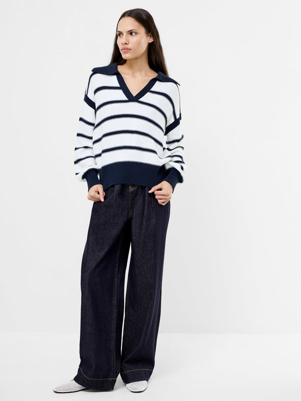 Fcuk Lily Mozart Striped Polo Jumper Navy Winter White