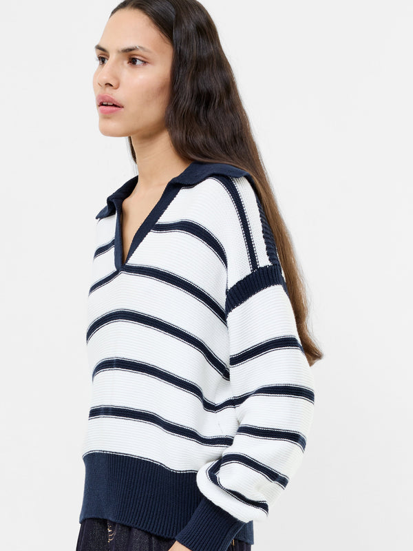 Fcuk Lily Mozart Striped Polo Jumper Navy Winter White
