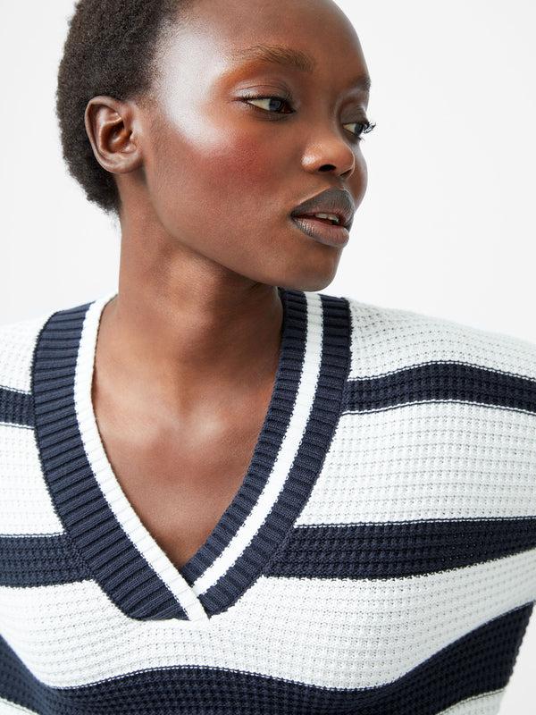 Fcuk Lily Mozart Striped Varsity V-Neck Jumper Navy/Summer White