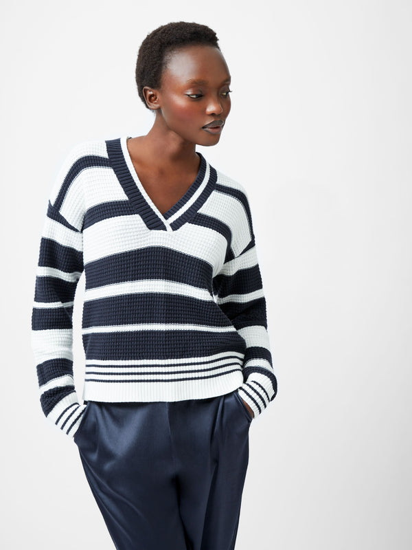 fcuk Lily Mozart Striped Varsity V-Neck Jumper Navy/Summer White