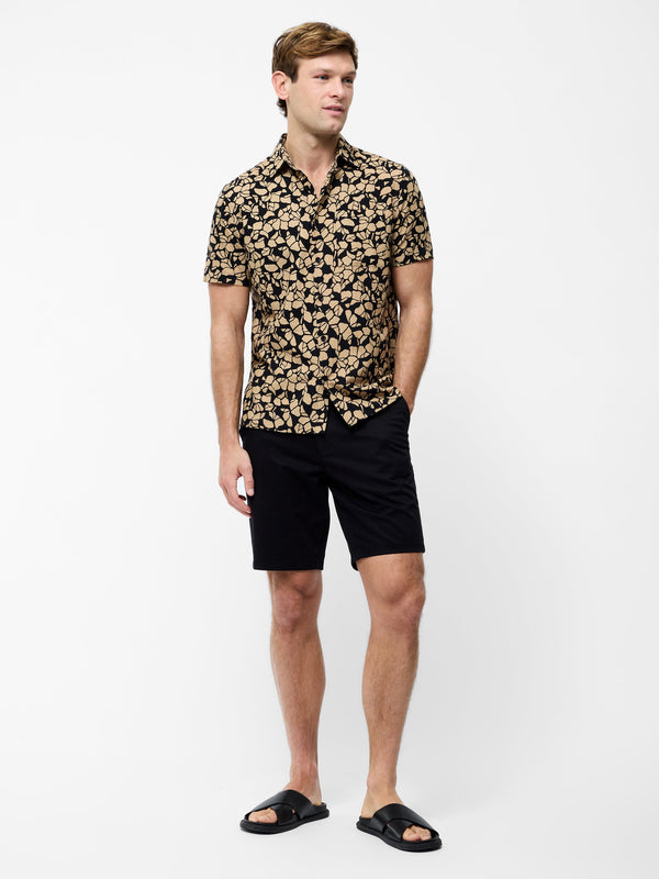 Fcuk Linen Blend Printed Short Sleeve Shirt Black/Stone Print