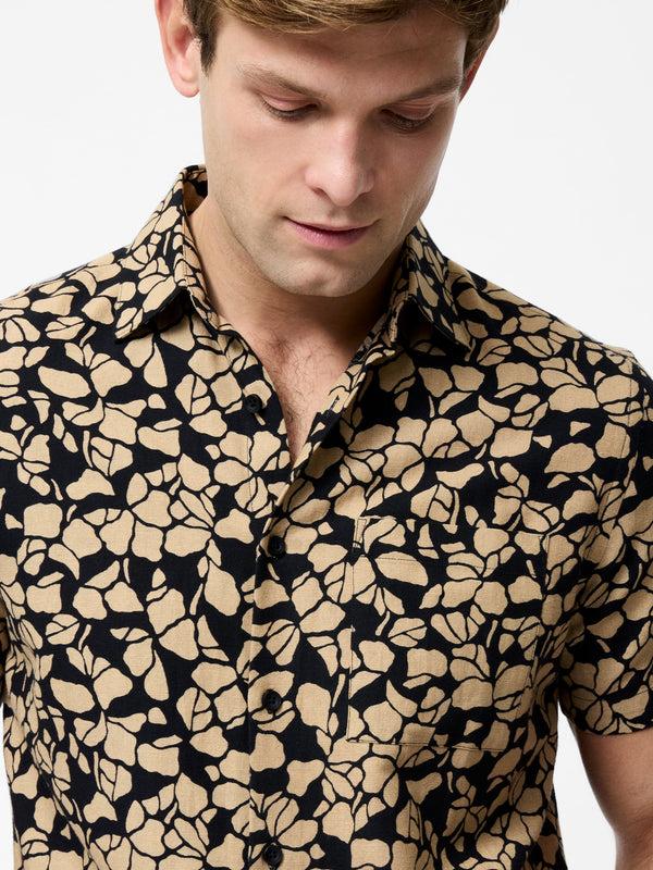 Fcuk Linen Blend Printed Short Sleeve Shirt Black/Stone Print