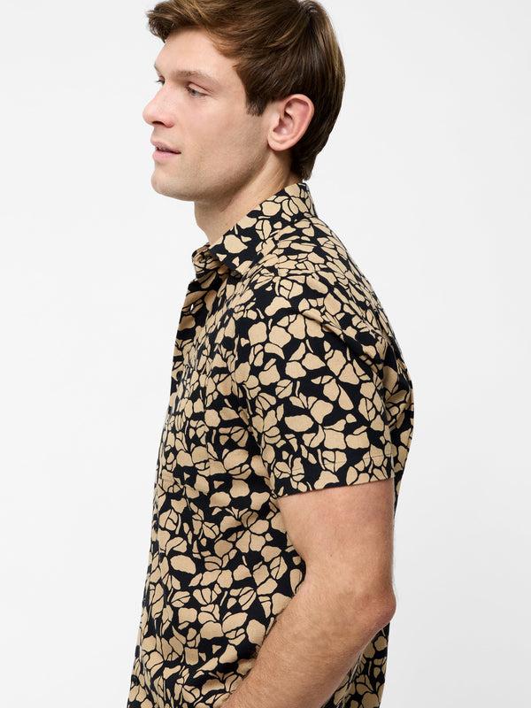 Fcuk Linen Blend Printed Short Sleeve Shirt Black/Stone Print
