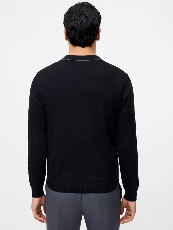 Fcuk Long Sleeve Trophy Knit Polo Shirt Black/Charcoal