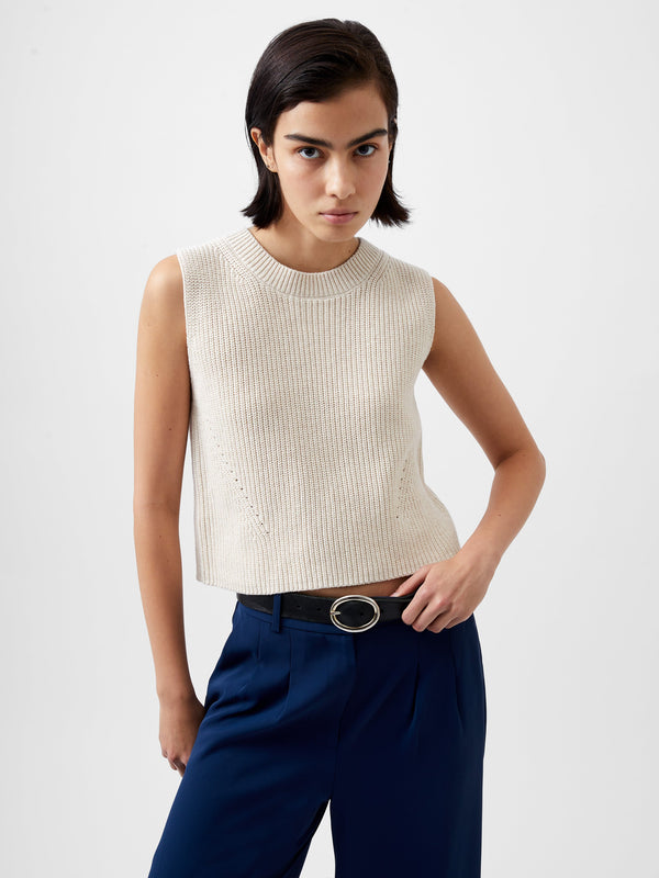 Fcuk Mozart Knit Crew Neck Sleeveless Vest Light Oatmeal Mel