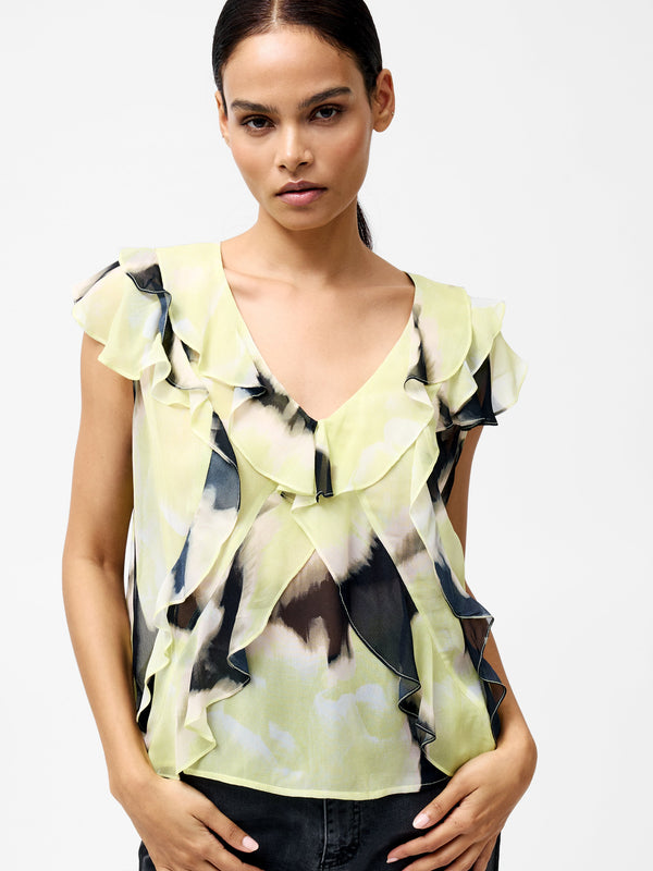 Fcuk Natalie Eminia Chiffon Ruffle Top Light Lime Green Multi