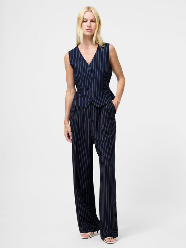 Fcuk Pinstripe Tailored Wide Leg Trousers Navy W.White