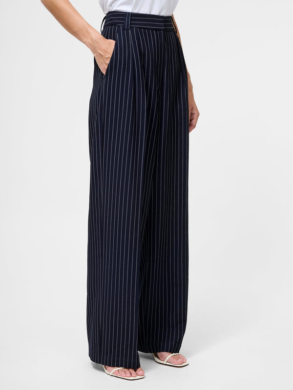 Fcuk Pinstripe Tailored Wide Leg Trousers Navy W.White