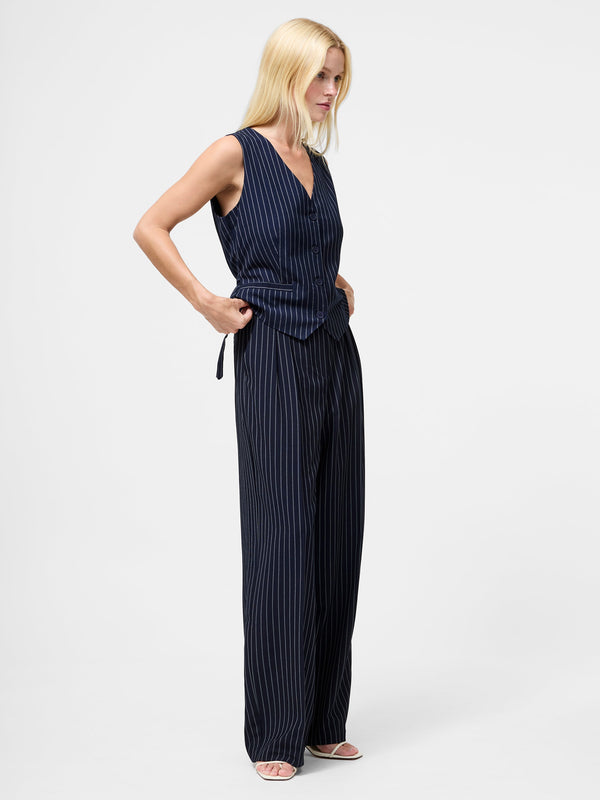 Fcuk Pinstripe Tailored Wide Leg Trousers Navy W.White