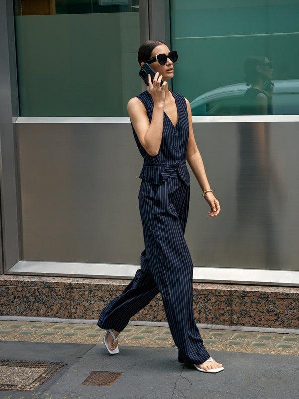 fcuk Pinstripe Tailored Wide Leg Trousers Navy W.White