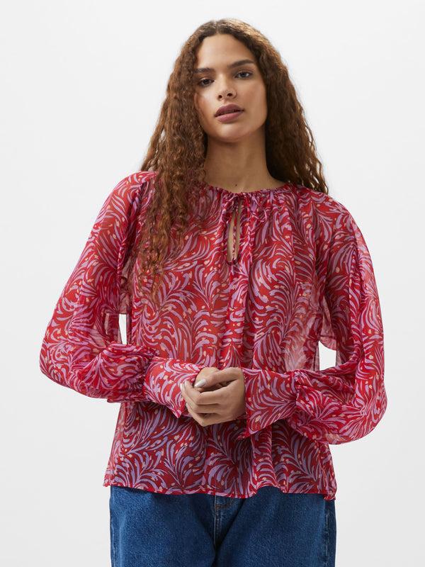 Fcuk Printed Chiffon Keyhole Long Sleeve Top Scarlet Red Multi