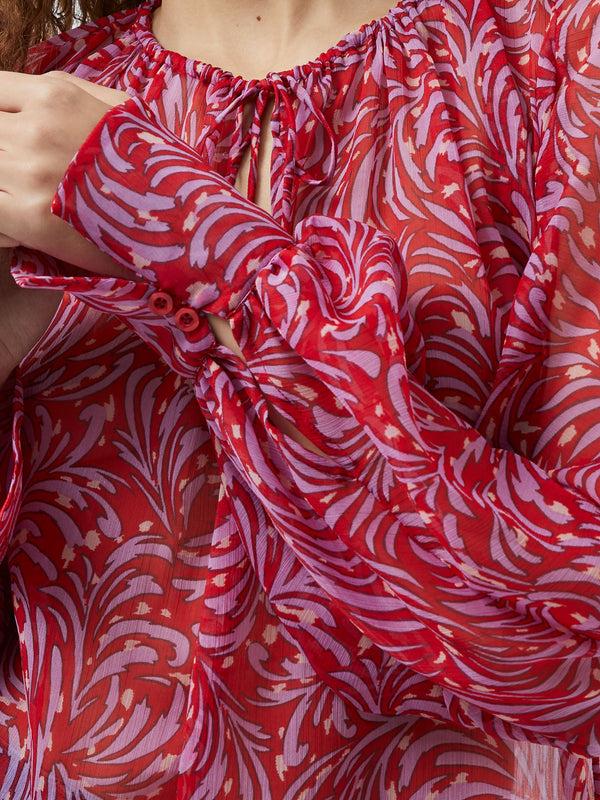 Fcuk Printed Chiffon Keyhole Long Sleeve Top Scarlet Red Multi