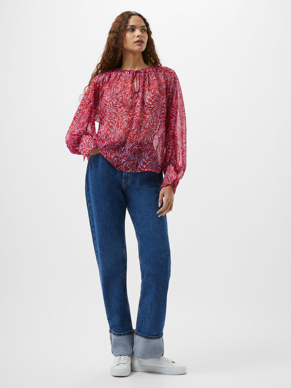 Fcuk Printed Chiffon Keyhole Long Sleeve Top Scarlet Red Multi